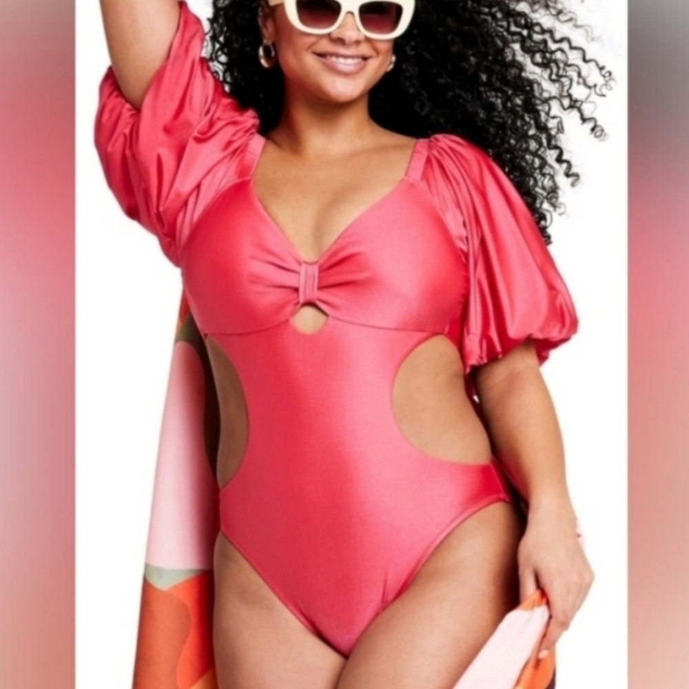 Fe Noel Women's Metallic Puff Sleeve Cut Out One Piece Swimsuit
